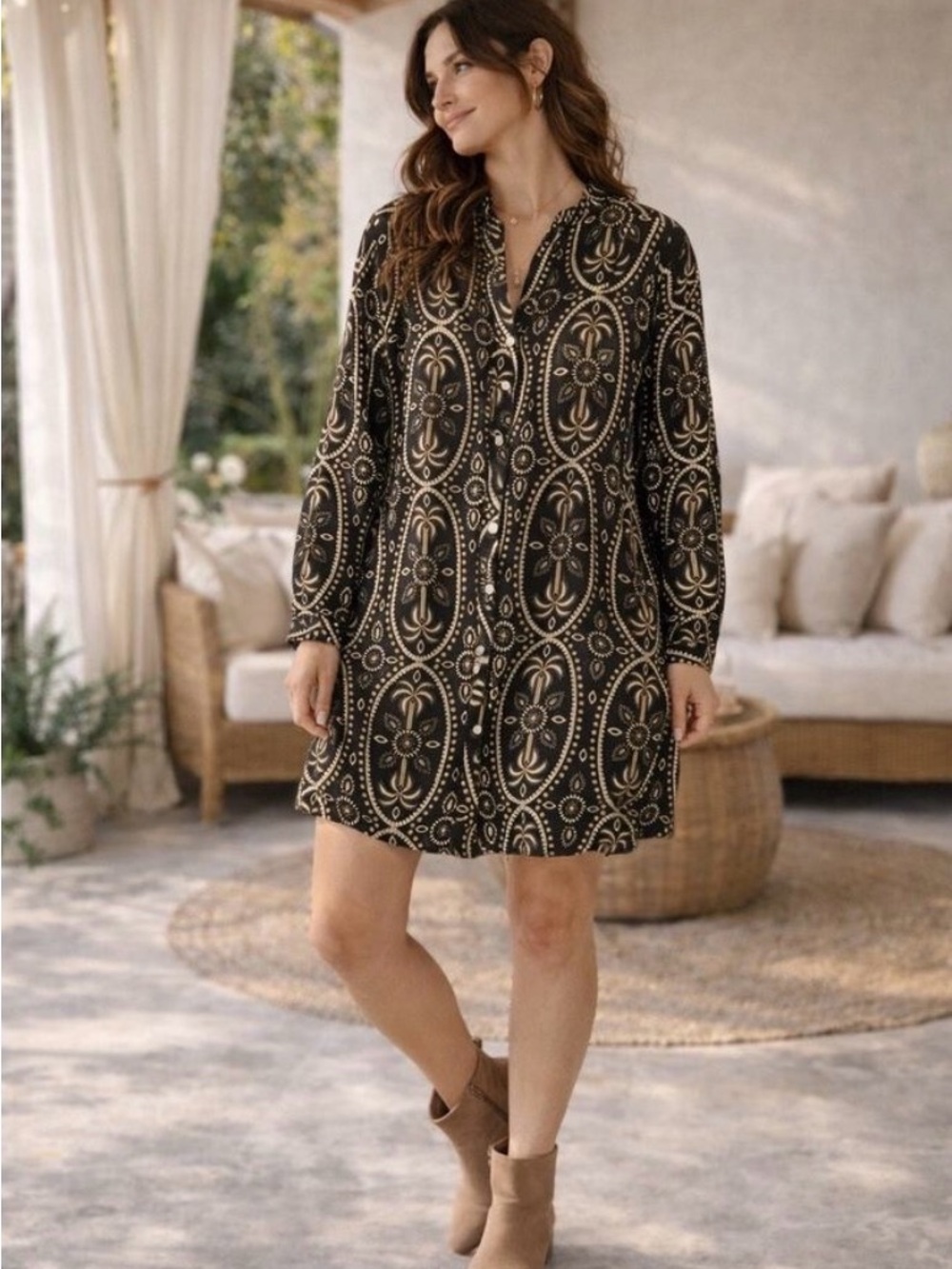 Haute Hippie Black and Cream Medallion Long-Sleeve Shift Dress
